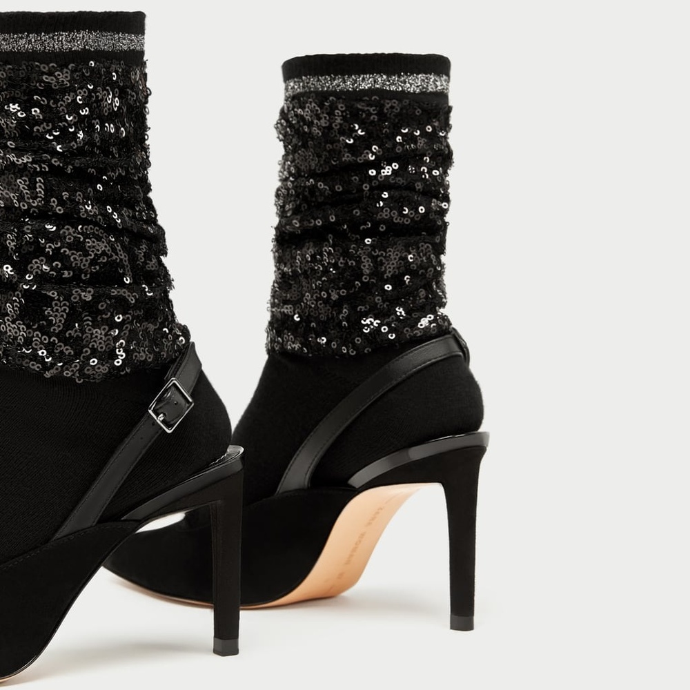 Zara Sequinned Sock Style Slingback Court Heels - Picture 5 of 8